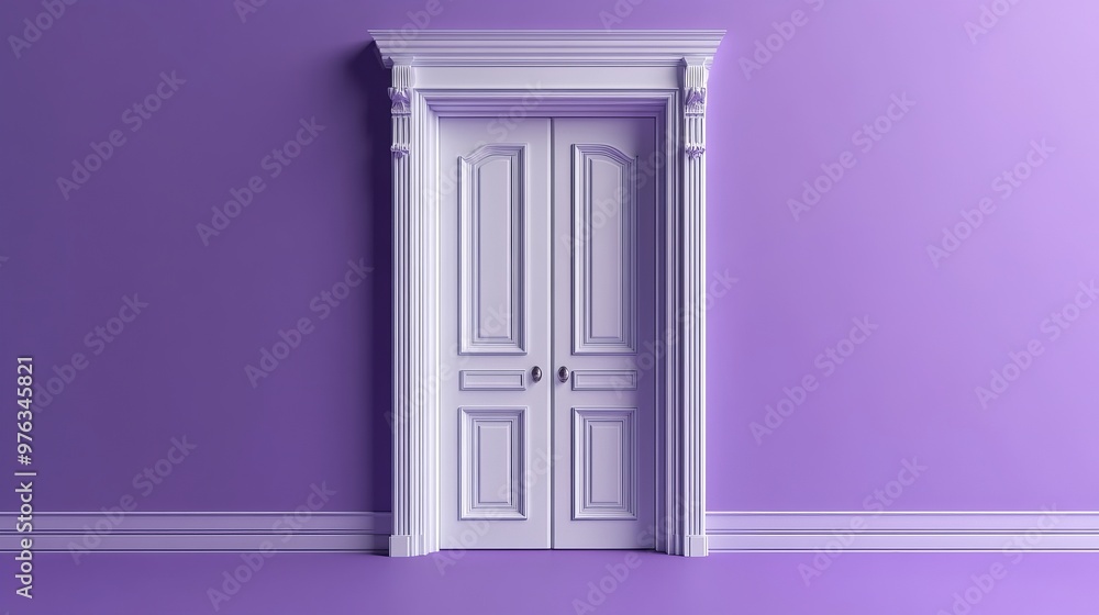 Poster 3d render of a double door halfopened isolated on a violet background as an architectural or interio
