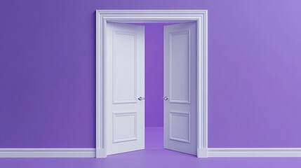 3D render of a double door halfopened isolated on a violet background as an architectural or interior element