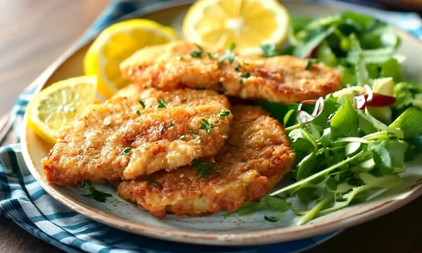 Pork schnitzel with lemon wedges, Video
