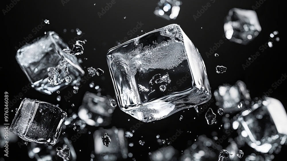 Poster 3d render of a flying ice cube on a black background representing ingredients for cold beverages and