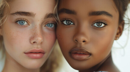 Fototapeta premium A close-up portrait of two young women with different skin tones. Generative AI.