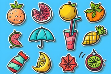 Vibrant Fruit and Drink Stickers Collection on a Bright Blue Background