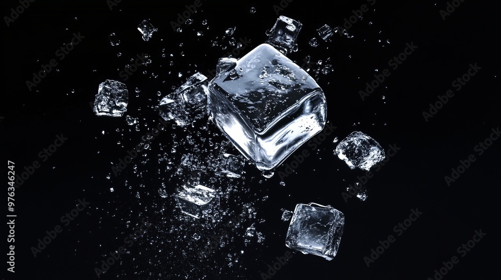 Poster 3d render of a flying ice cube on a black background representing ingredients for cold beverages and