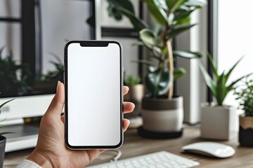 Modern Workspace with Smartphone and Indoor Plants