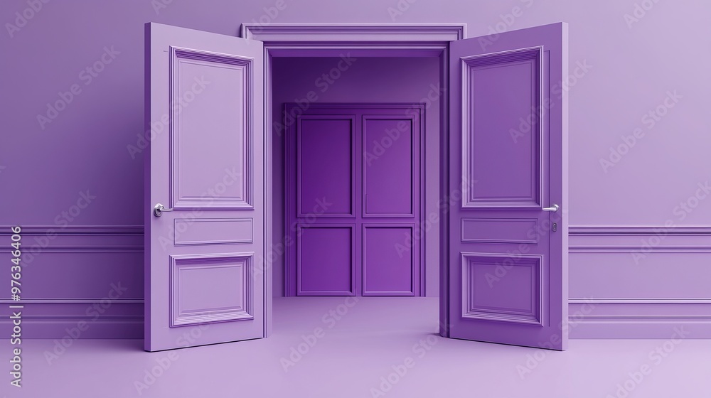 Poster 3d render of a violet double door wide open representing an architectural or interior element isolat