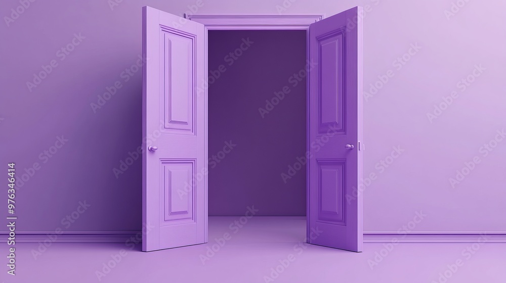 Poster 3d render of a violet double door wide open representing an architectural or interior element isolat