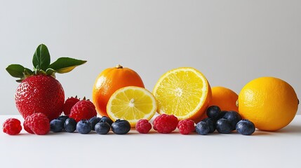 A minimalist display of fresh berries and citrus fruits on a white surface