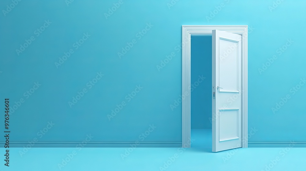 Poster 3d render of an open door isolated on a blue background representing an architectural design element