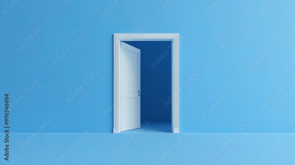 Poster 3d render of an open door isolated on a blue background representing an architectural design element