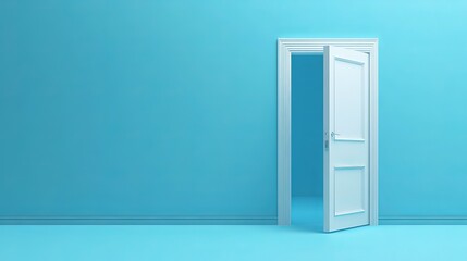 3D render of an open door isolated on a blue background representing an architectural design element and opportunity metaphor in a modern minimalistic concept