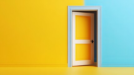 3D render of an open door with a yellow and blue background representing room interior design and an opportunity metaphor in a modern minimalist concept