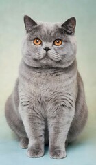 Obraz premium Close-Up of a Plush Gray British Shorthair Cat with Striking Amber Eyes 
