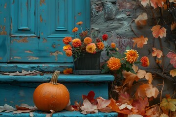 Autumn Charm: A Vibrant Pumpkin and Colorful Flowers on a Rustic Blue Doorstep