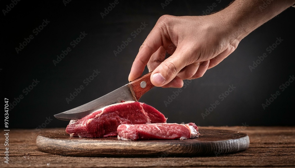 Wall mural raw meat on a wooden board, a hand lifting a knife on a wooden board to cut a piece of meat