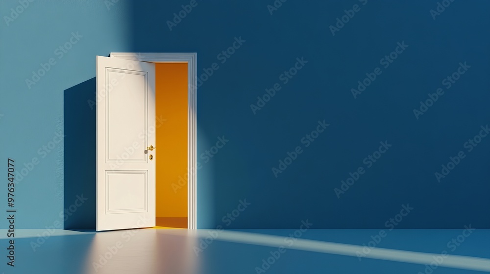Poster 3d render of an open door with yellow light shining from inside isolated on a blue background symbol