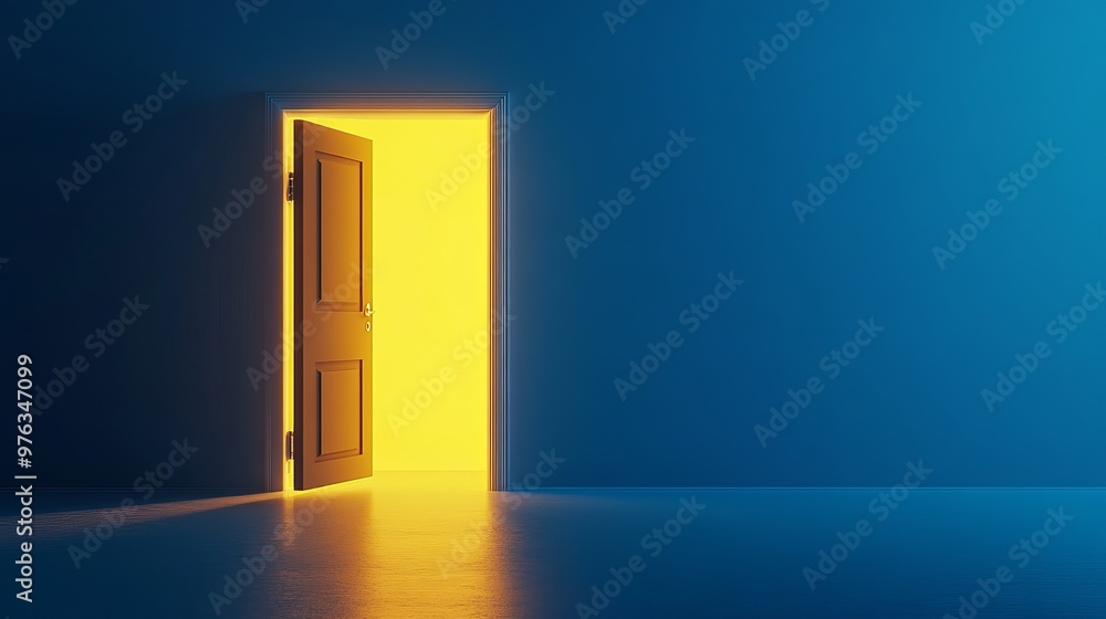 Poster 3d render of an open door with yellow light shining from inside isolated on a blue background symbol