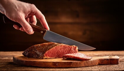 meat on a chopping board, a hand lifting a knife on a wooden board to cut a piece of meat