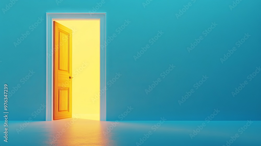 Poster 3d render of an open door with yellow light shining from inside isolated on a blue background symbol
