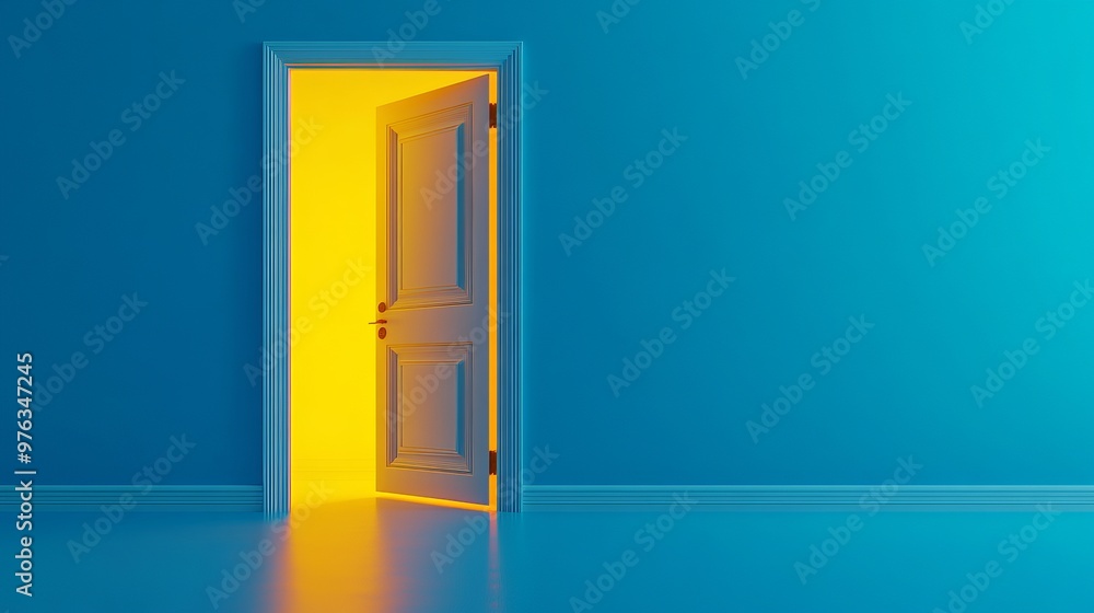 Poster 3d render of an open door with yellow light shining inside isolated on a blue background represents 