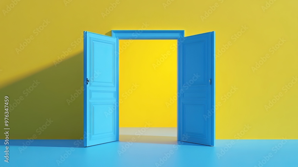 Poster 3d render of double doors opening against a blue and yellow background representing an architectural