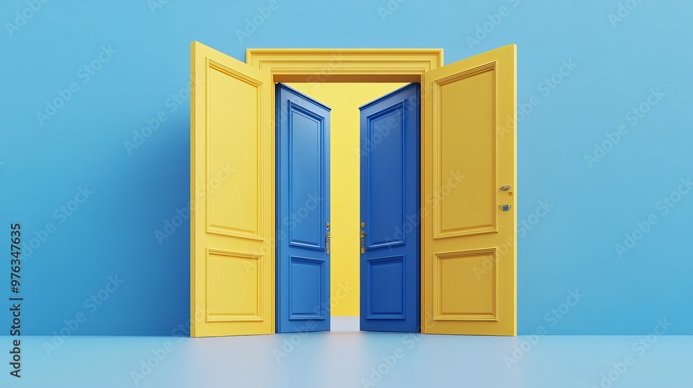 Poster 3d render of double doors opening against a blue and yellow background representing an architectural