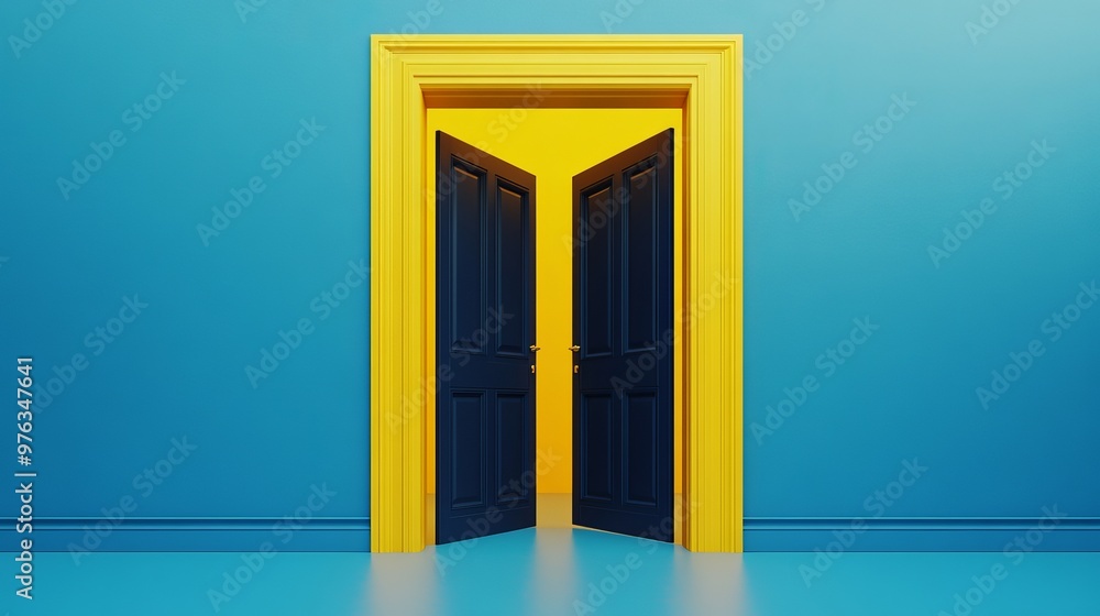 Poster 3d render of double doors opening against a blue and yellow background representing an architectural