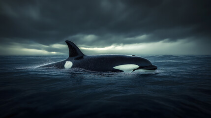 Fototapeta premium Orca in the ocean, jumping, beautiful orca, deadly sea predator orca, generative AI