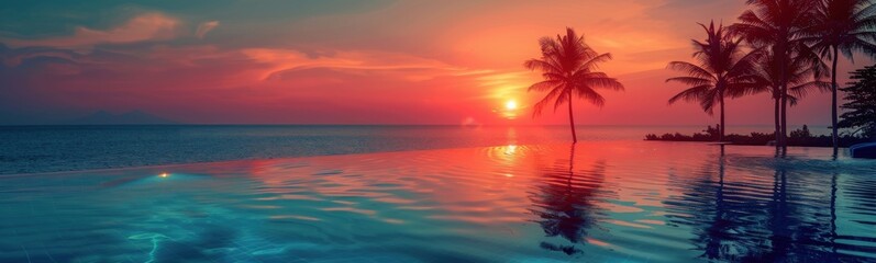 Obraz premium Sunset over a pool with palm trees and a boat in the water, travel concept, banner, copy space
