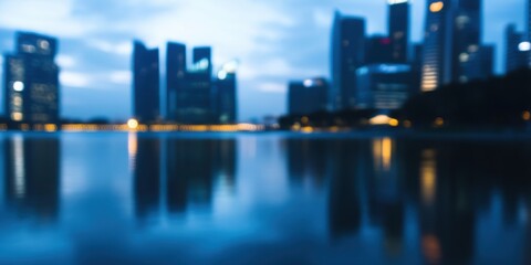 An abstract image depicting a city skyline at night. Each building's lights reflect off the calm water below, creating a peaceful and modern urban atmosphere.