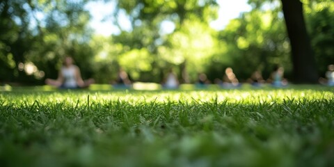 Individuals participate in a meditation session on a lawn surrounded by lush trees and greenery, fostering a sense of peace, community, and connection with nature.