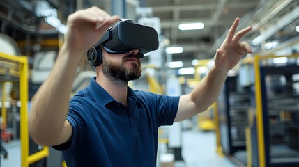 Man using virtual reality headset in factory