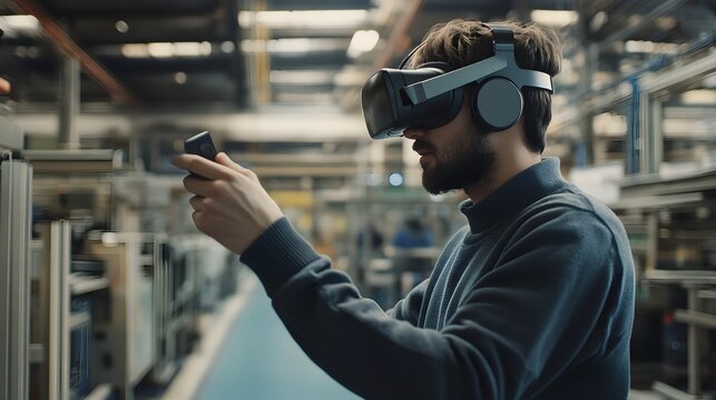 Man using virtual reality headset in factory