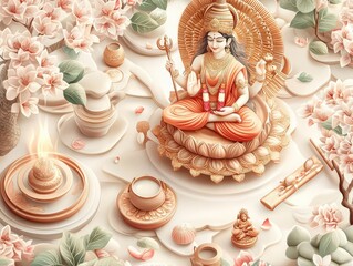 Capture a birds-eye view of Hindu gods in a modern setting, highlight Saraswati in a digital illustration with a serene, spiritual ambiance