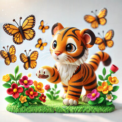 Adorable 3D Polymer Clay Tiger Cub with Butterflies and Flowers, Isolated on White Background