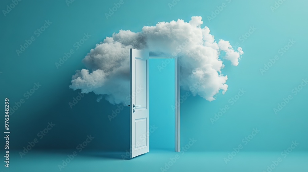 Poster 3d render of white fluffy clouds flying through an open door isolated on a blue background represent