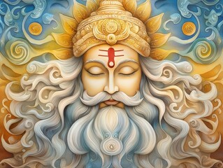 Craft a detailed, close-up watercolor painting of the Hindu god Brahma, showcasing intricate religious symbols within the design