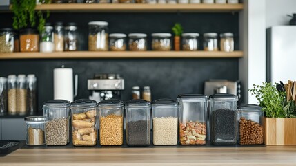 A kitchen with a focus on food waste reduction, showcasing reusable containers and minimal waste