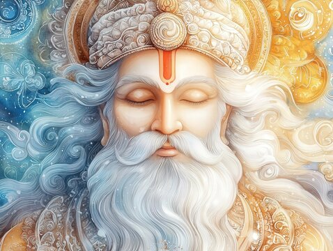Craft a detailed, close-up watercolor painting of the Hindu god Brahma, showcasing intricate religious symbols within the design
