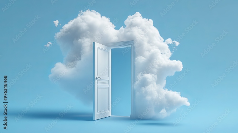 Poster 3d render of white fluffy clouds flying through an open door isolated on a blue background represent