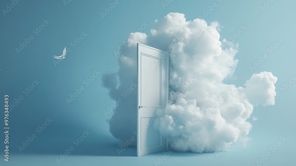 Poster 3d render of white fluffy clouds flying through an open door isolated on a blue background represent