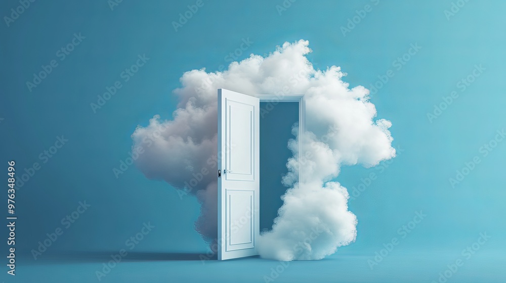 Poster 3d render of white fluffy clouds flying through an open door isolated on a blue background represent