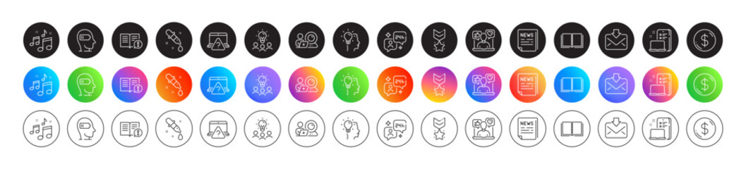 Book, Music and Consulting line icons. Round icon gradient buttons. Pack of Incoming mail, Winner medal, Business idea icon. Weariness, Dollar money, Chemistry pipette pictogram. Vector