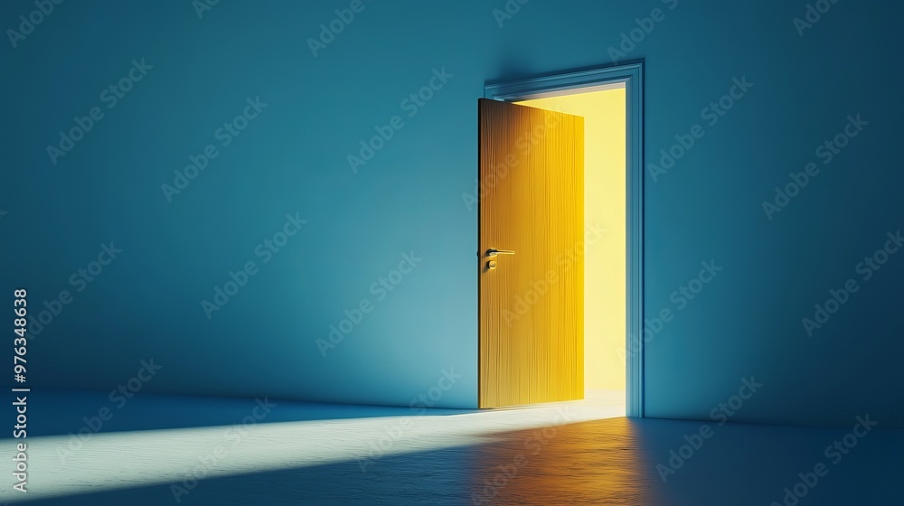 Poster 3d render of yellow light shining through an open door isolated on a blue background represents an a
