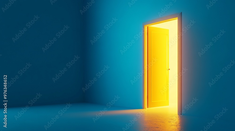 Poster 3d render of yellow light shining through an open door isolated on a blue background represents an a