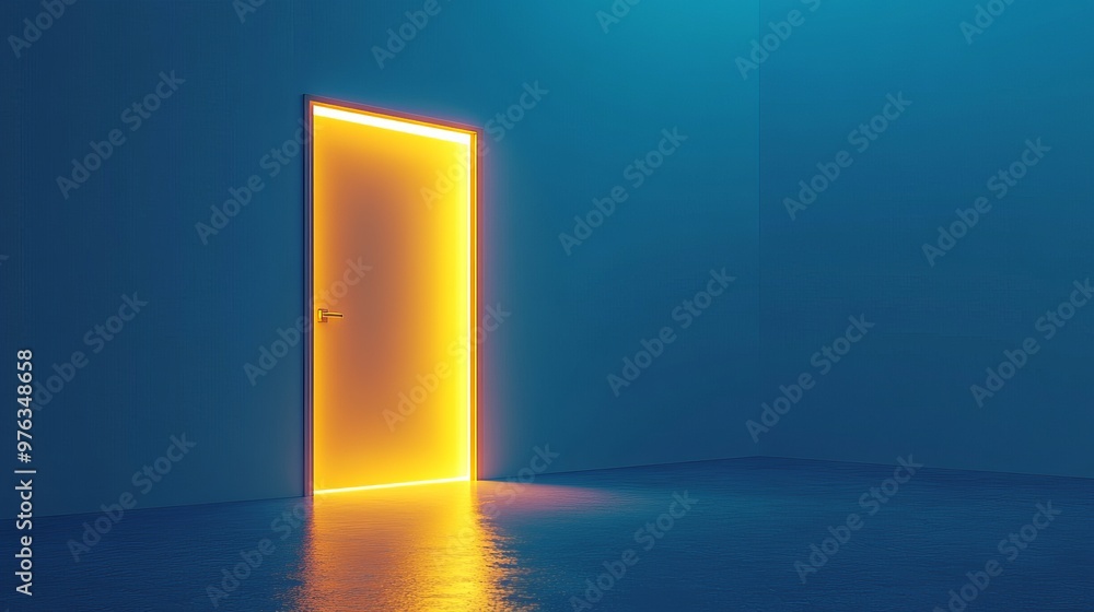 Poster 3d render of yellow light shining through an open door isolated on a blue background represents an a