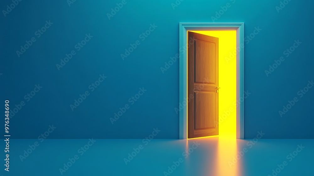 Poster 3d render of yellow light shining through an open door isolated on a blue background represents an a