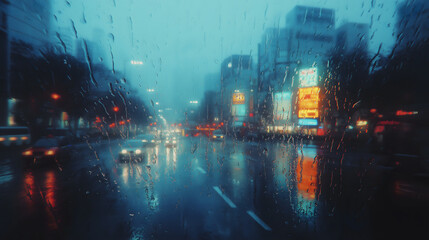 Obraz premium Serene rainy day scene of city street viewed through the car window, sad rainy day