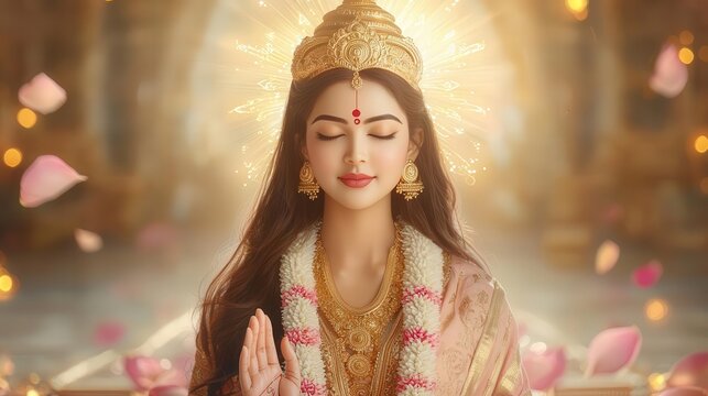 Create a frontal view of Hindu goddess Lakshmi in a divine setting, radiating prosperity and grace, embodying ancient Hindu mythology