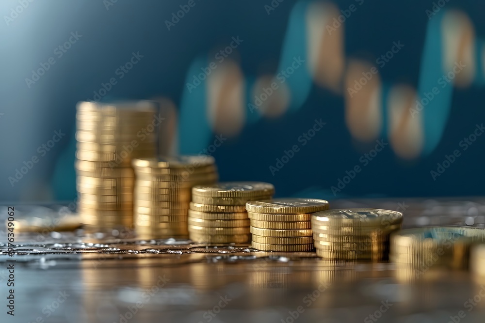 Poster stacks of coins with financial graph background