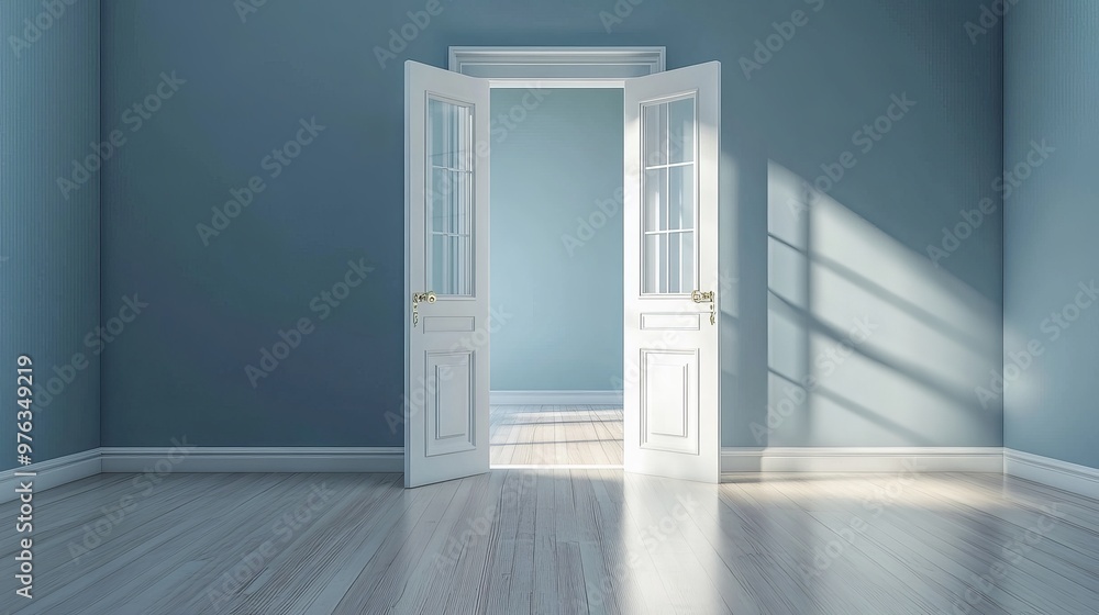Poster 3d rendering of an open door in an empty room